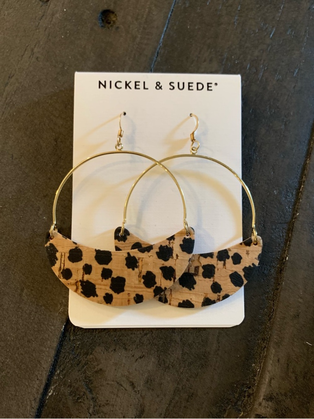 Nickel & Suede Leopard Print Cork Hoop Earrings - Tan and Black